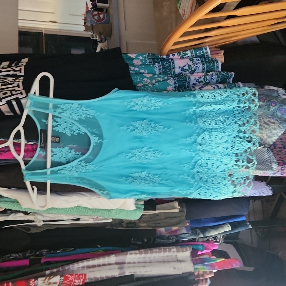 Blue lace and crochet tank top